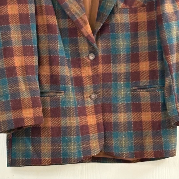 Vintage Brandon Thomas Plaid Wool Multicolor Jacket Tan Leather Collar Size L - Picture 4 of 9